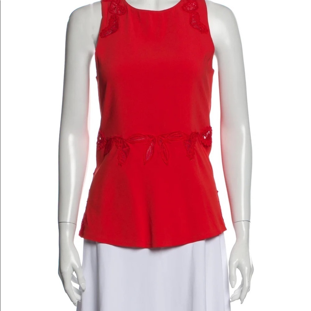 Jonathan Simkhai Red Embroidered Peplum Lace Trim Keyhole Back Sleeveless Blouse